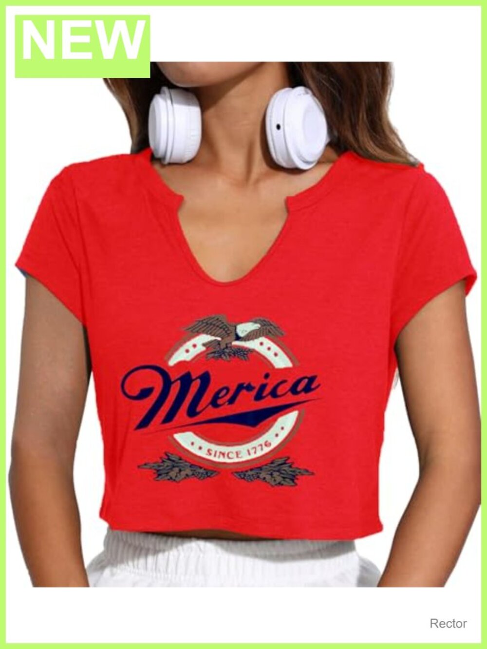 Women's Patriotic American Flag Crop Top Short Sleeve V-Neck Casual Summer Tee
